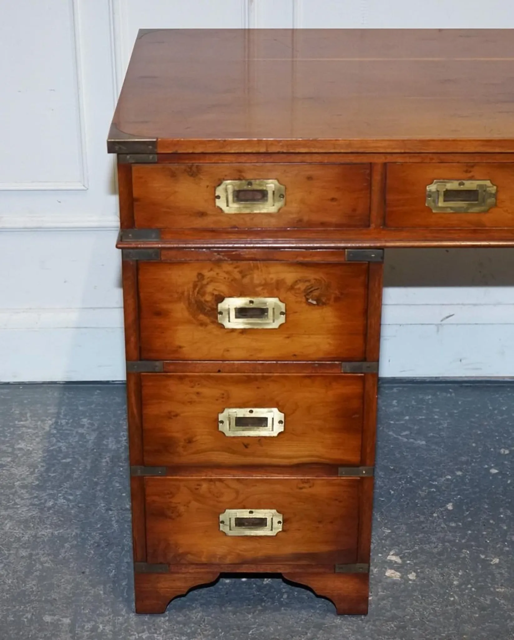 Vintage Military Campaign Twin Desk in Yew Wood