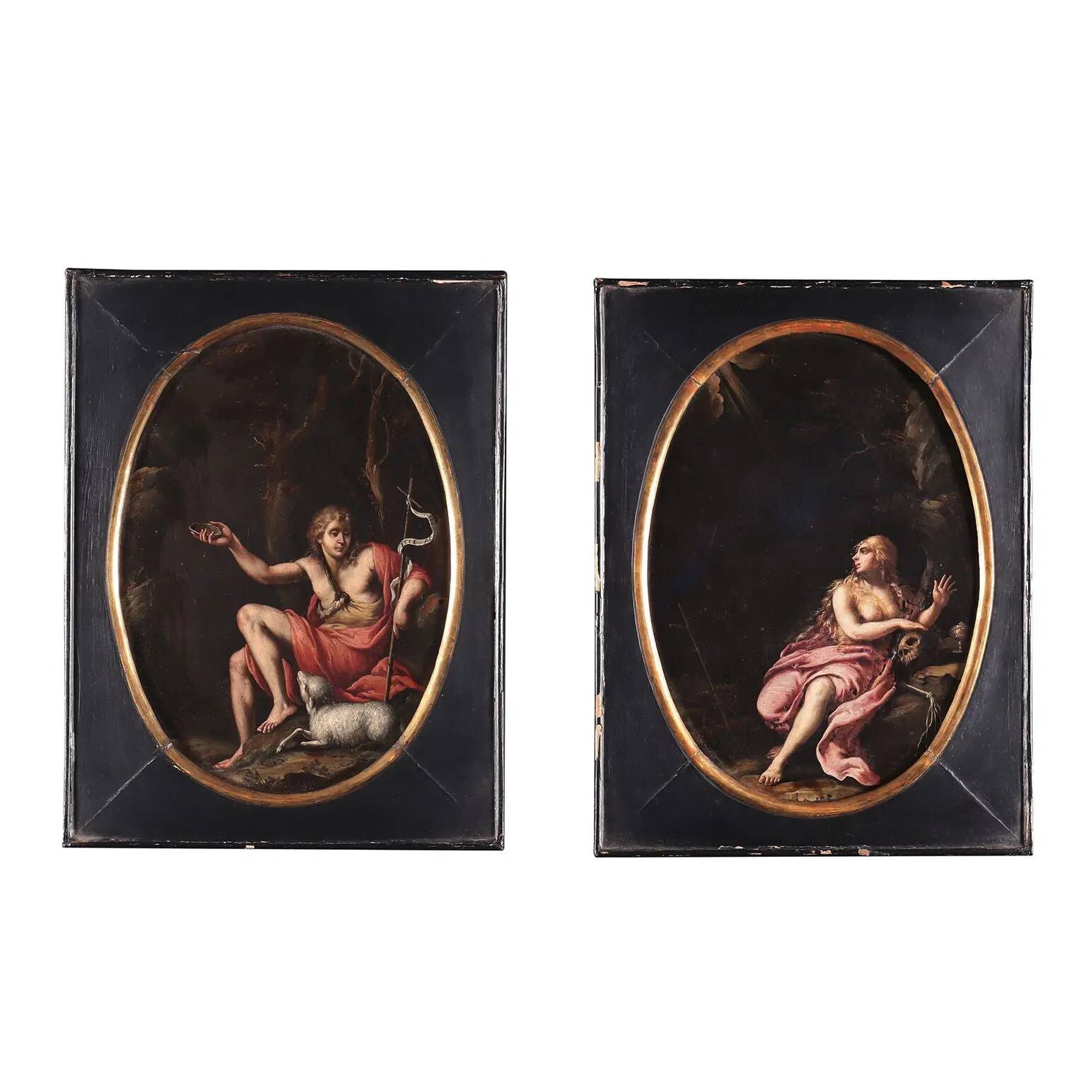 Paire de peintures anciennes sur ardoise, sujet religieux, XVIIe siècle