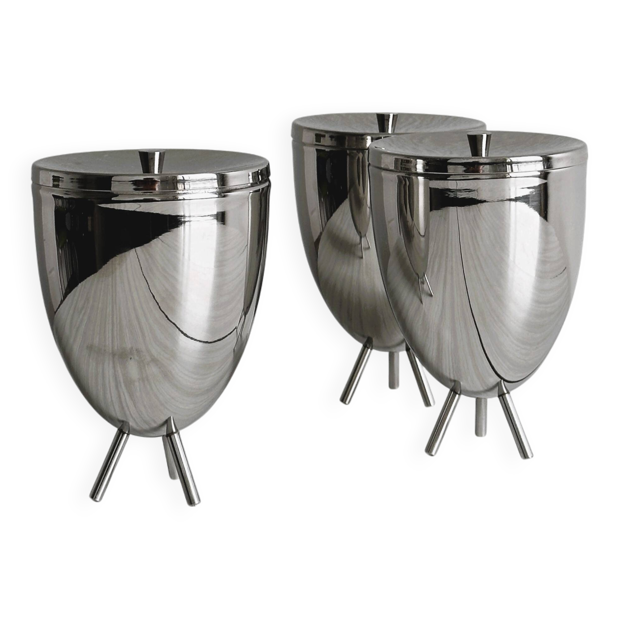 3 silver metal condiment pots
