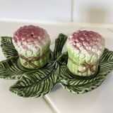 Set of Vintage Asparagus-themed Majolica Salt and Pepper Shakers with Plate