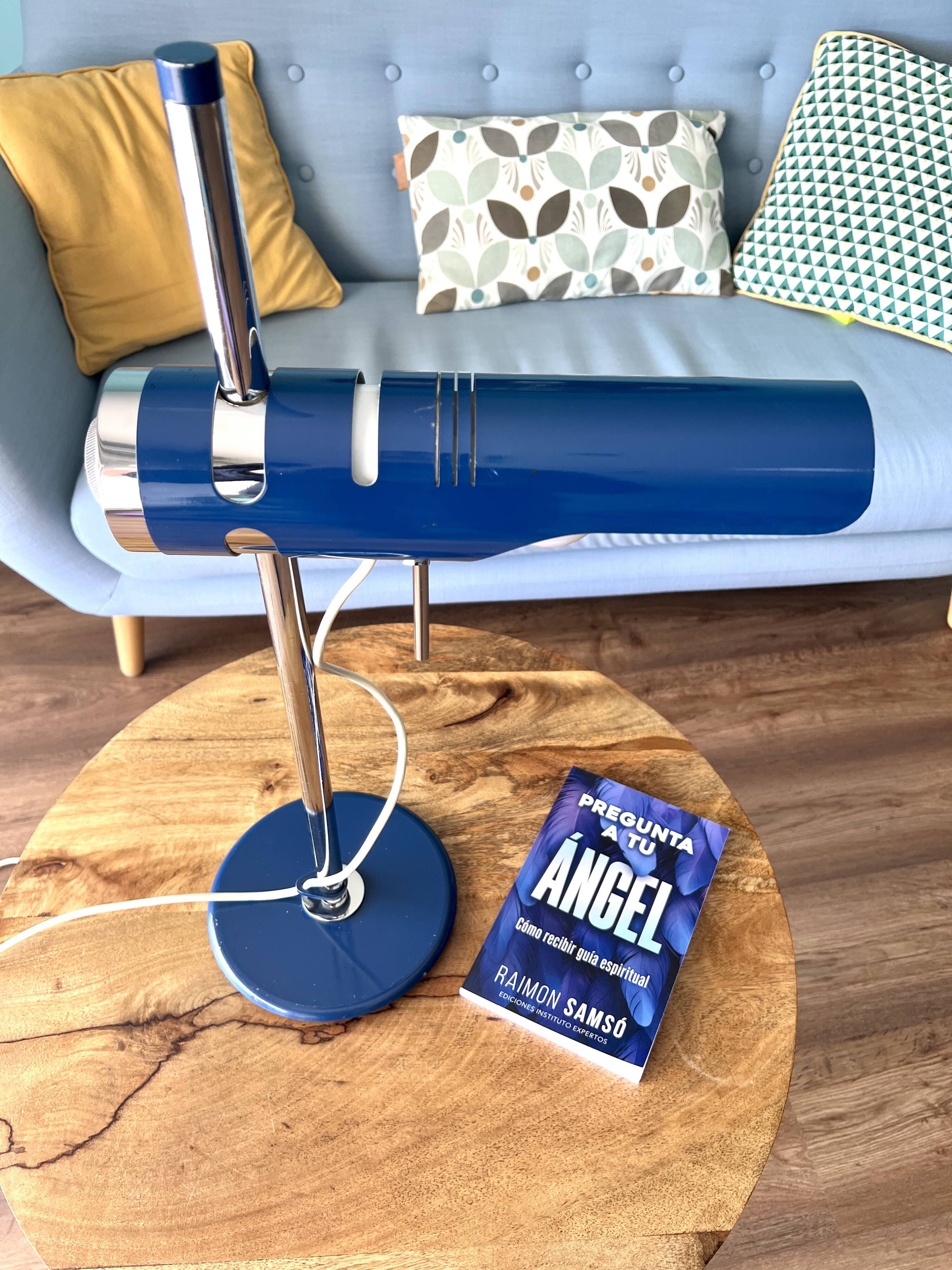 Retro Table Lamp from the 1970s: Articulated Arm, Swivel Shade, Electric Blue Enamel for space age d