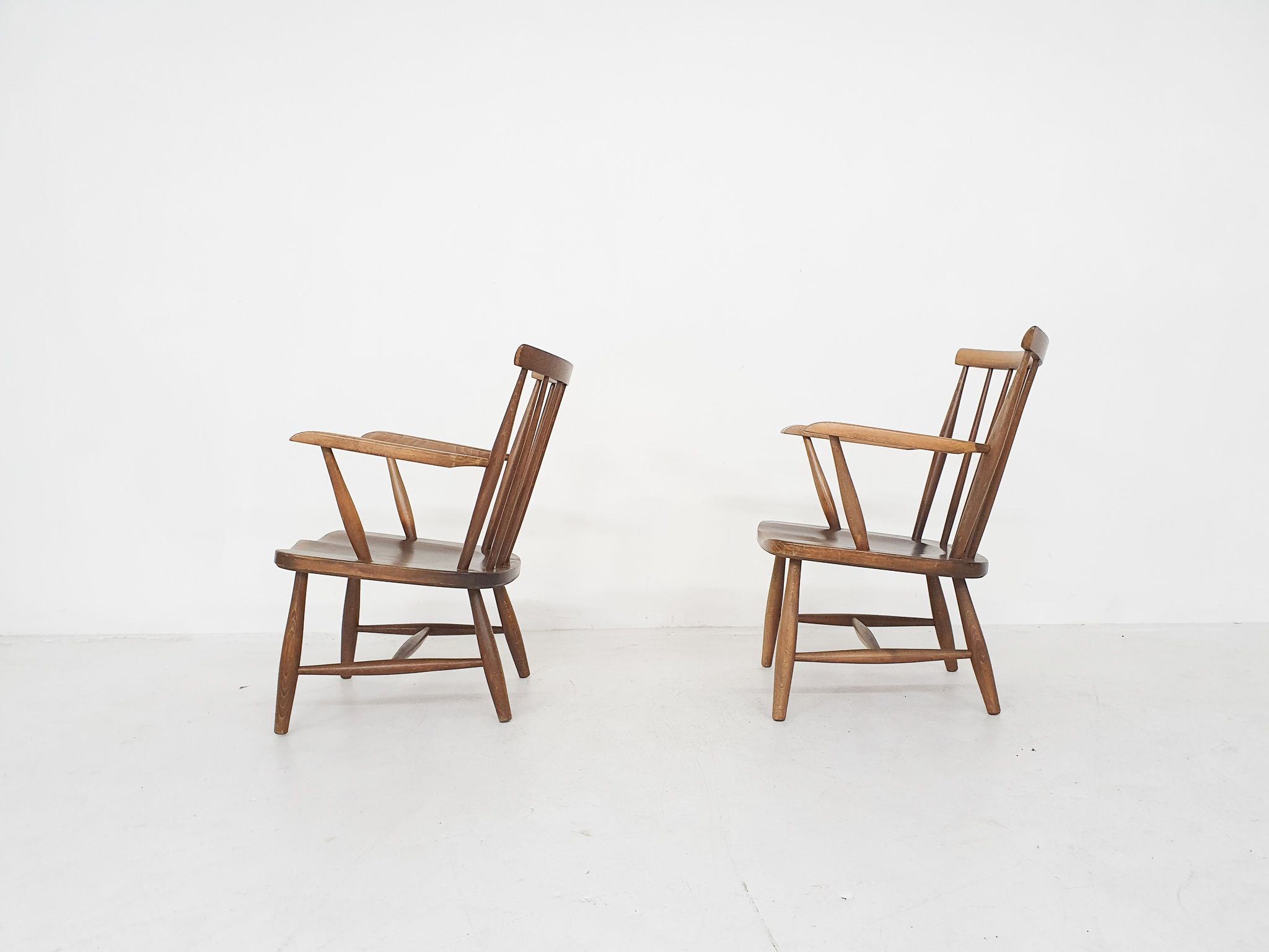 Scandinavian modern spindle back arm chairs, 1960