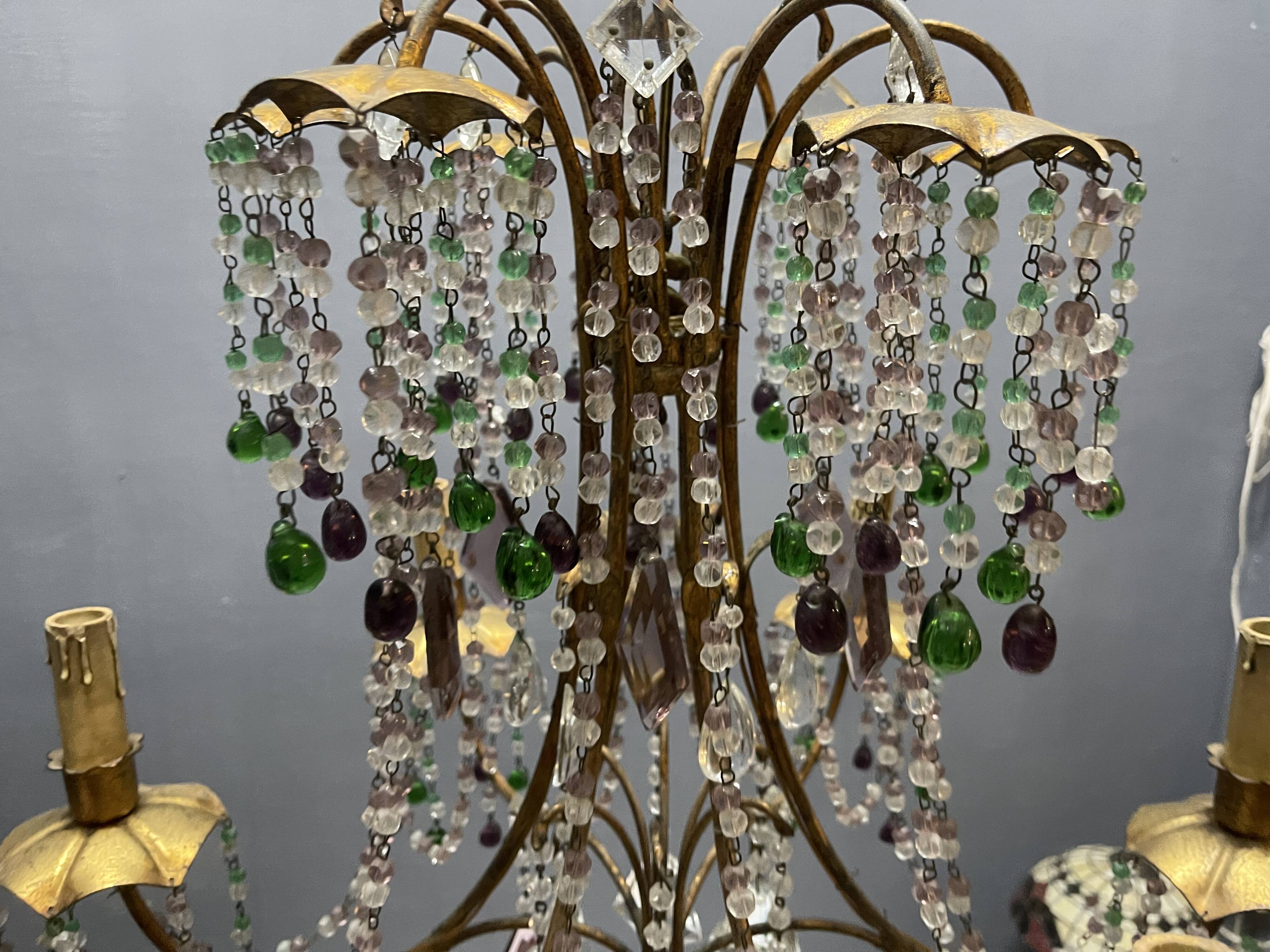 Chandelier en verre de Murano perlé doré en tole florentine italienne des années 1950 à 6 lumières
