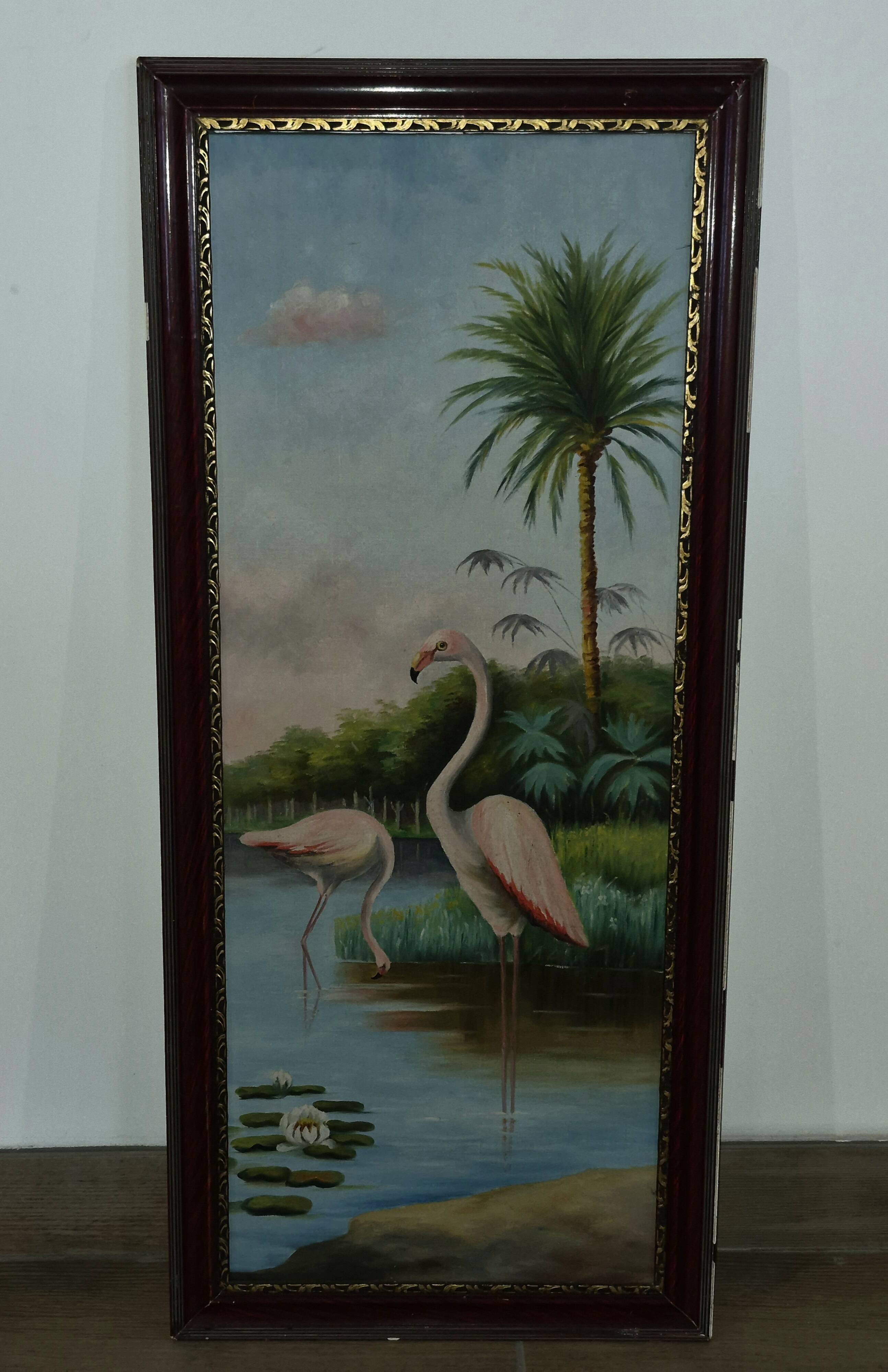 Pair of oil paintings on canvas depicting tropical birds.