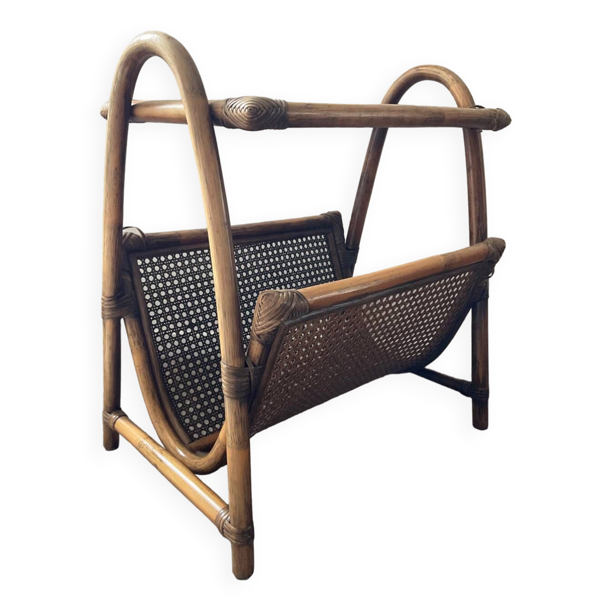 Vintage rattan side table with magazine holder