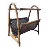 Vintage rattan side table with magazine holder