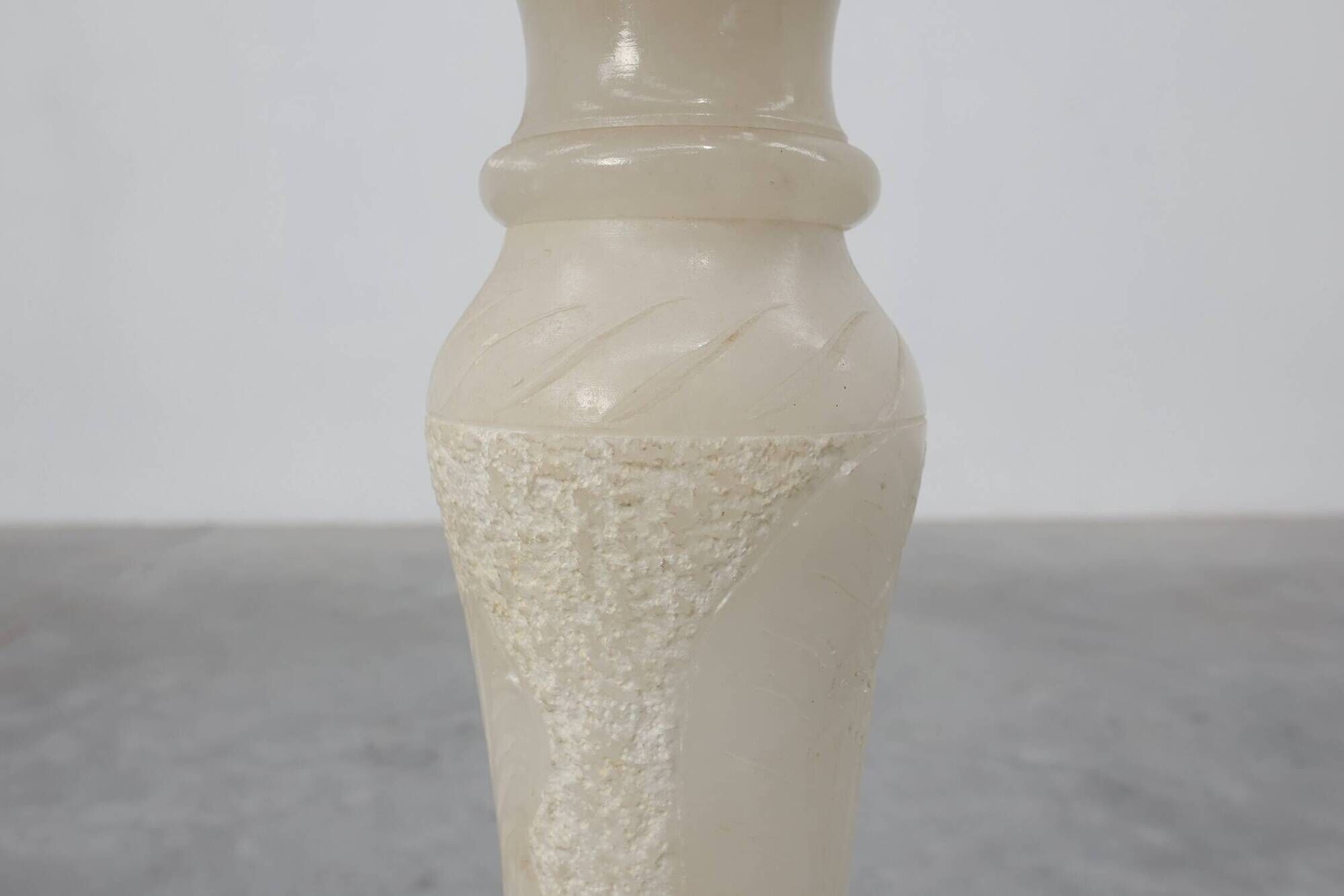 Italian Turned Alabaster Pedestal Column with Carved Leaf Capital