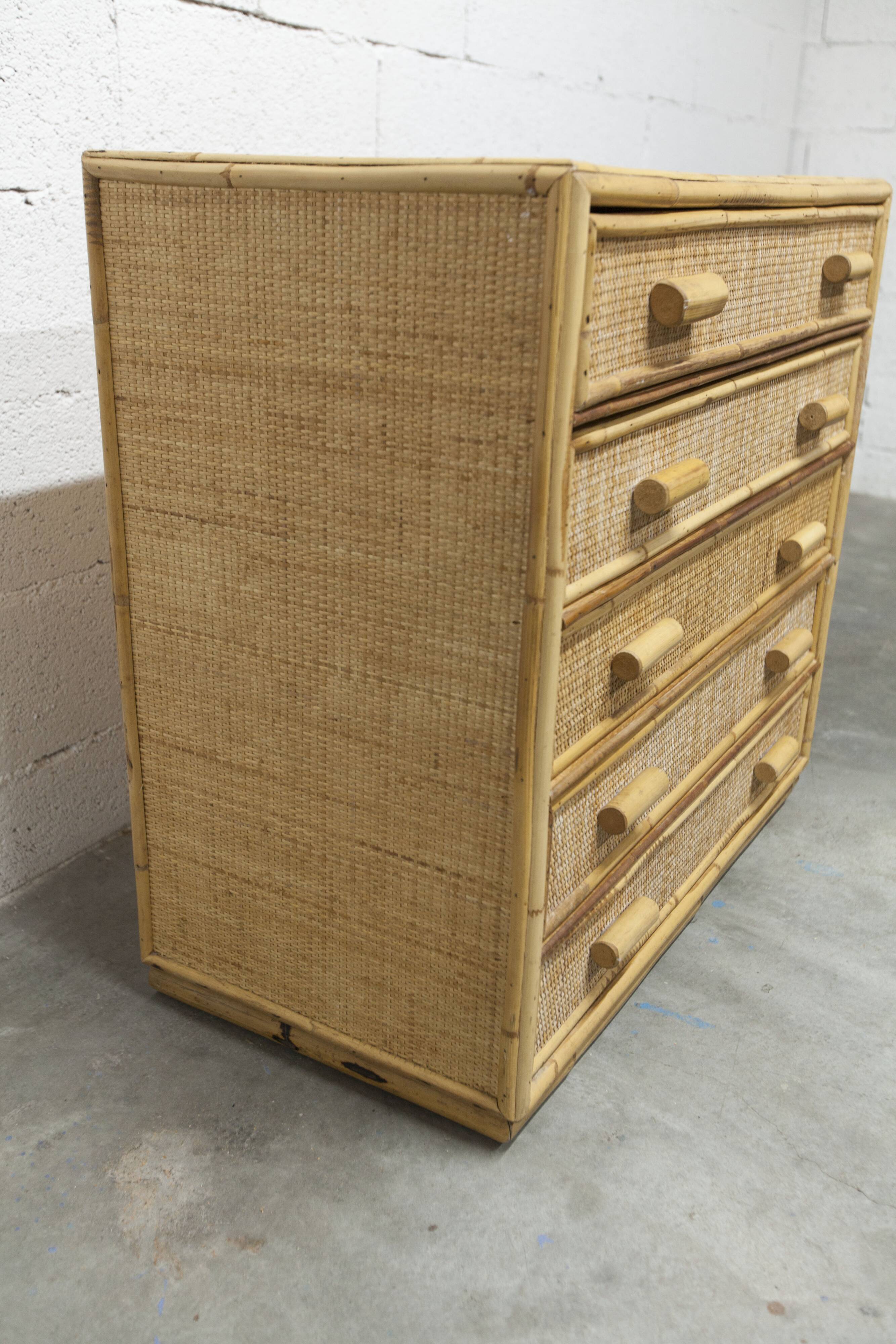 Commode en rotin à 5 tiroirs 1970