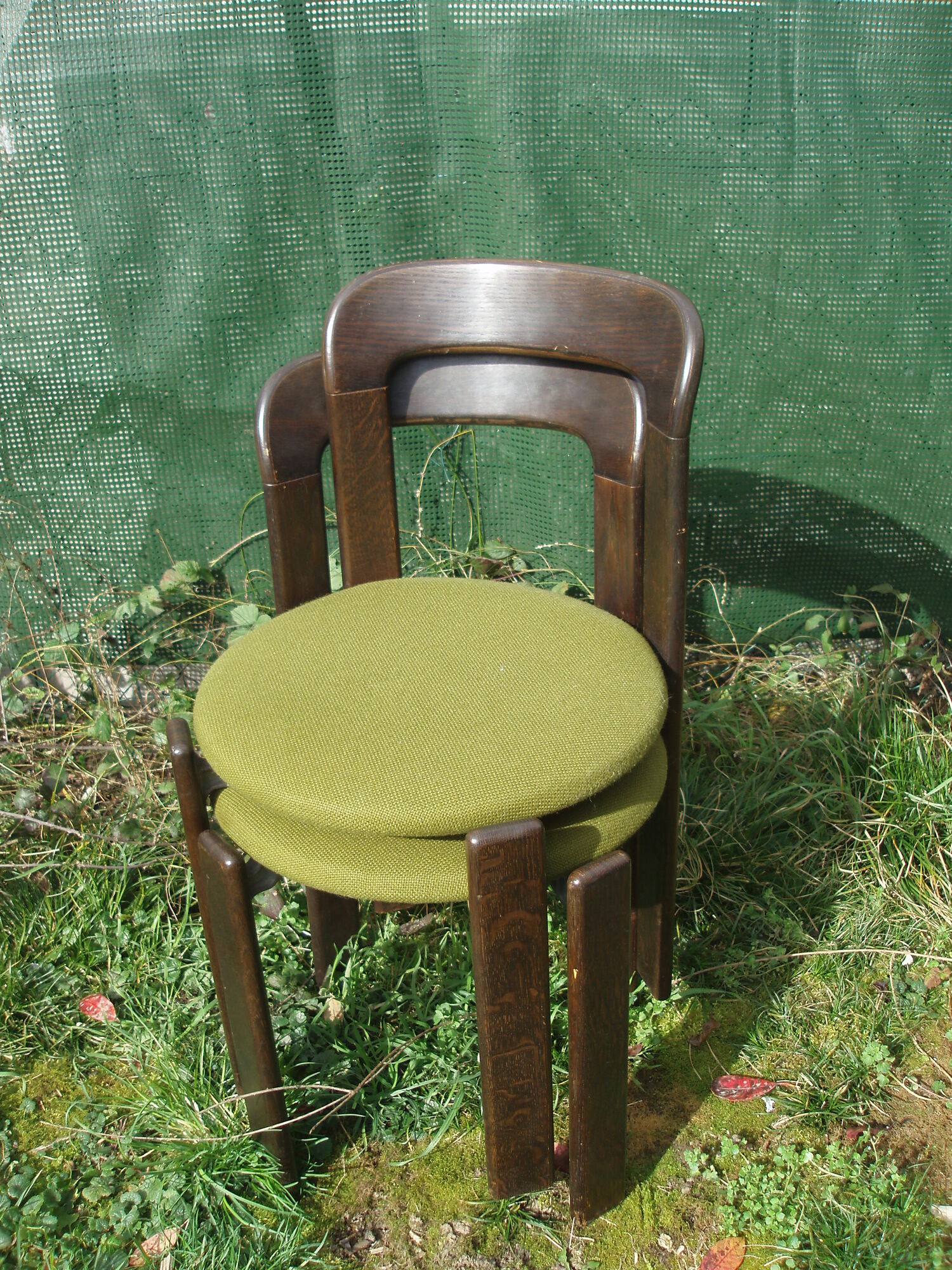 Pair of 70s chairs by designer Bruno Rey in wood and green fabric