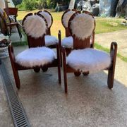Set of 4 vintage dining chairs in brown pine and white fur by Szedleczky (1970s)