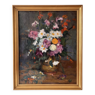 Large oil on canvas of a still life with flowers 1929, antique painting.