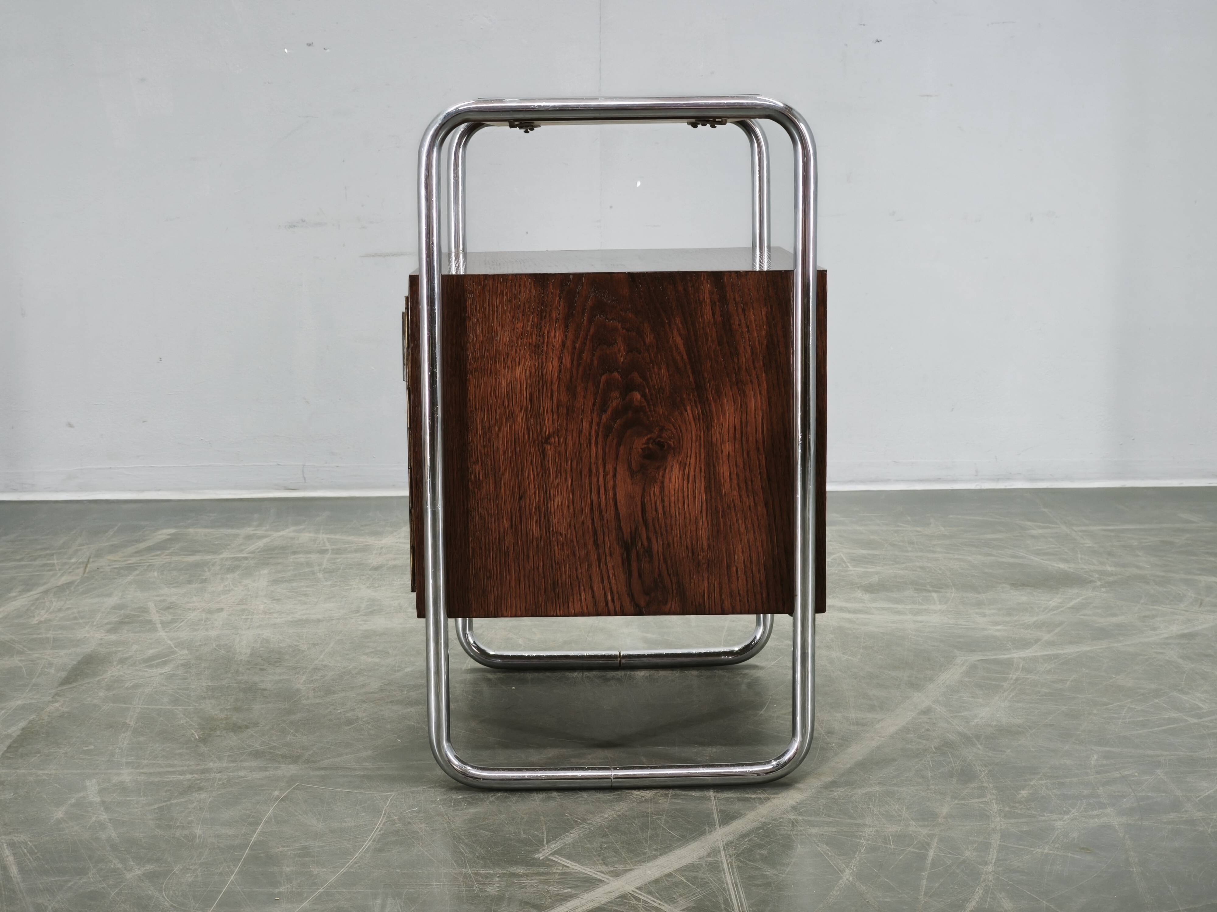 Bauhaus Oak and Chrome Tubular Nightstand, Czechoslovakia 1940s