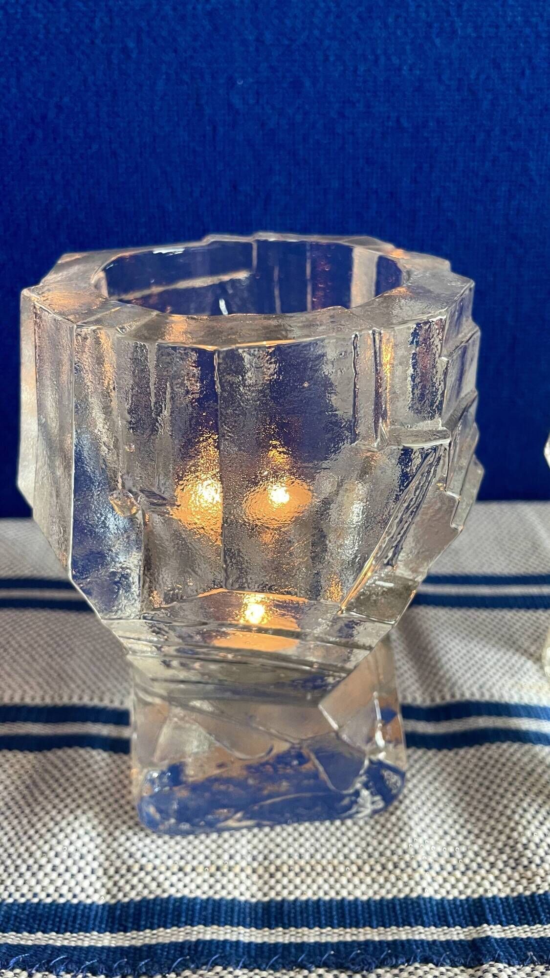 Set of 2 Swedish brutalist frosted glass candle holders.