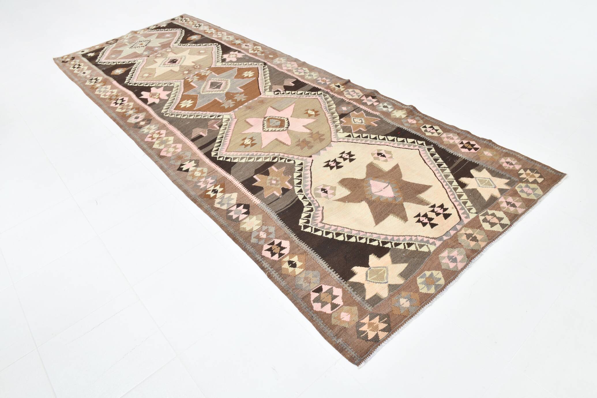 140x380Cm Brown & Grey Kilim Rug, Handmade Wool Area Rug, Stair Rug,