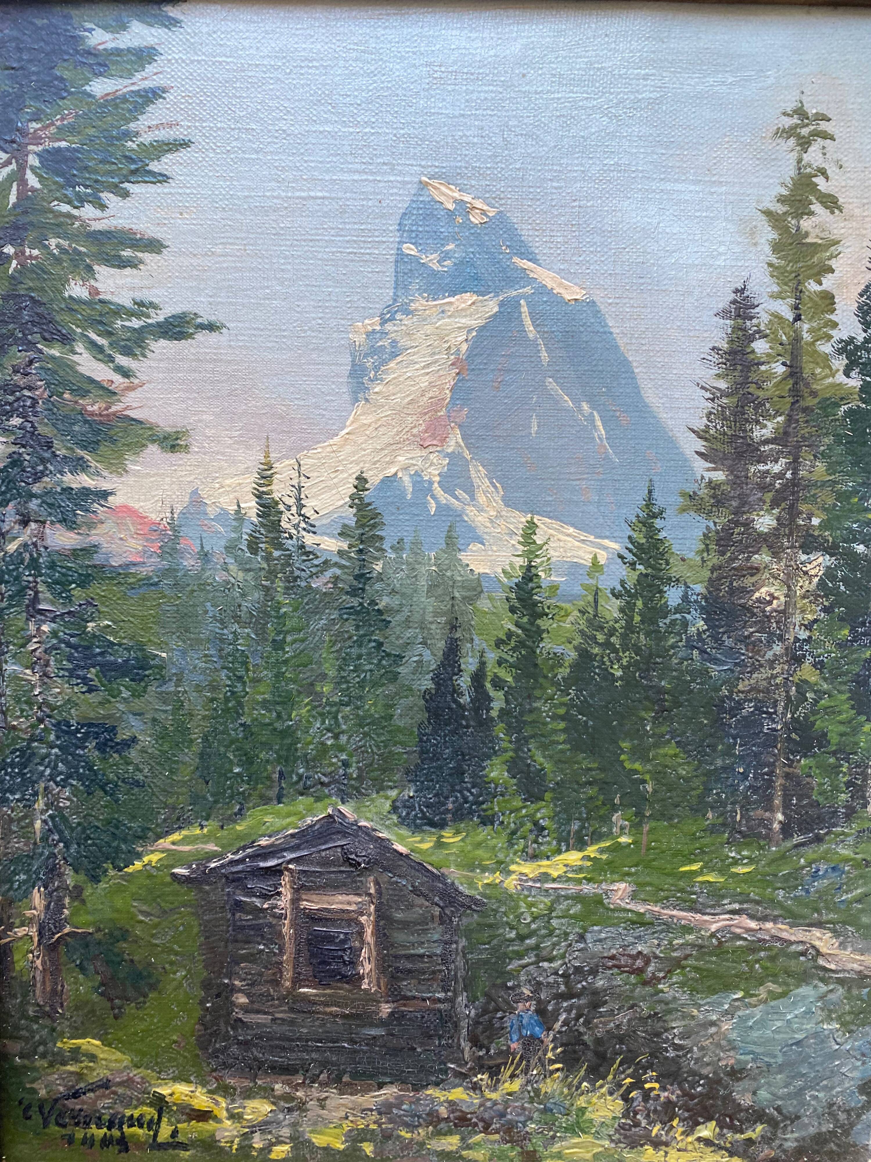 HST table "Animated mountain landscape" XIX°/XX° signed with frame