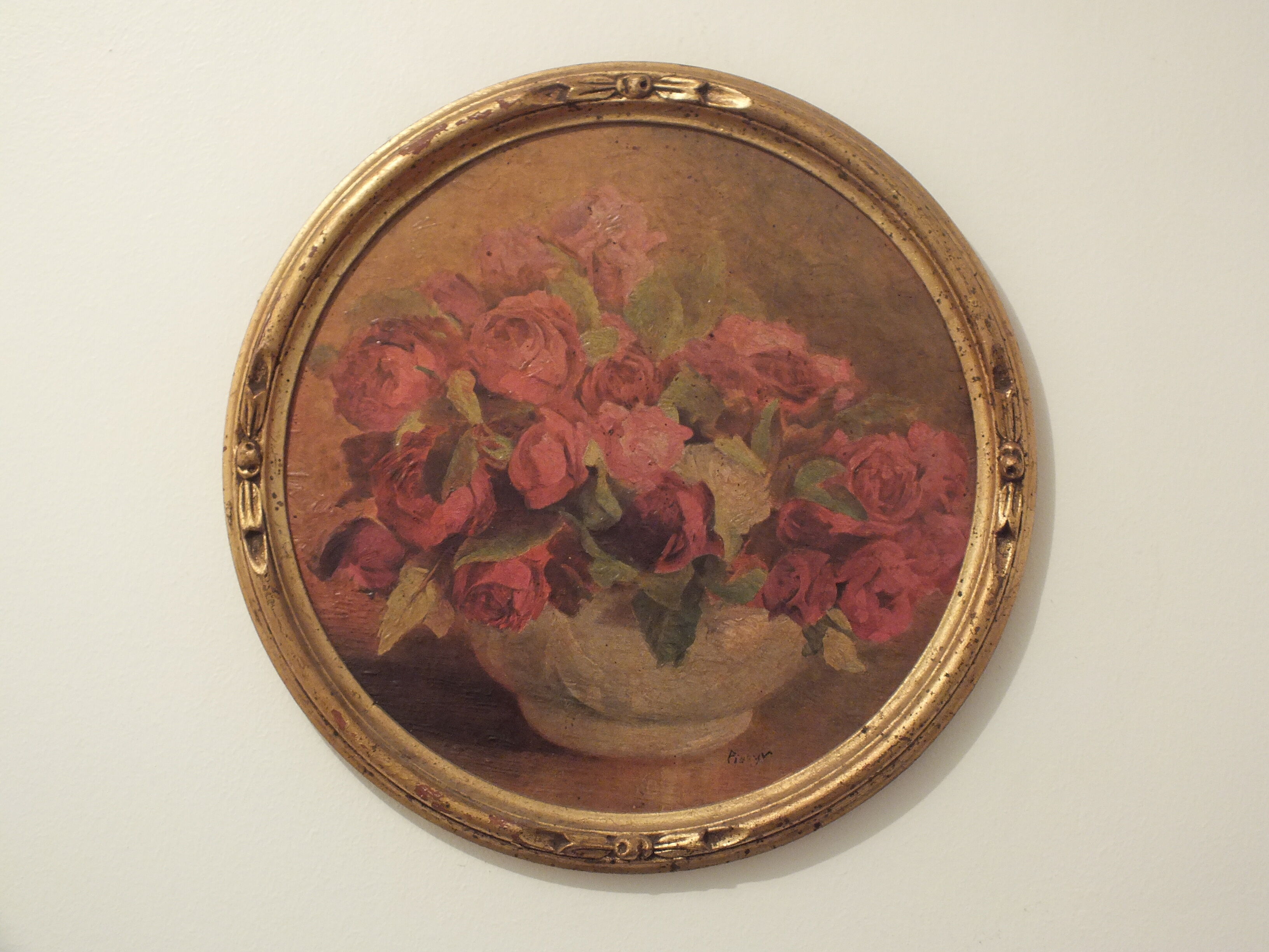 Old small painting framed and signed reproduction with a bouquet of roses