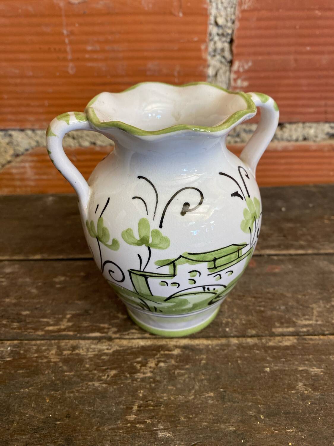 Vintage White Ceramic Vase with Green Landscape Decor from the 1970s