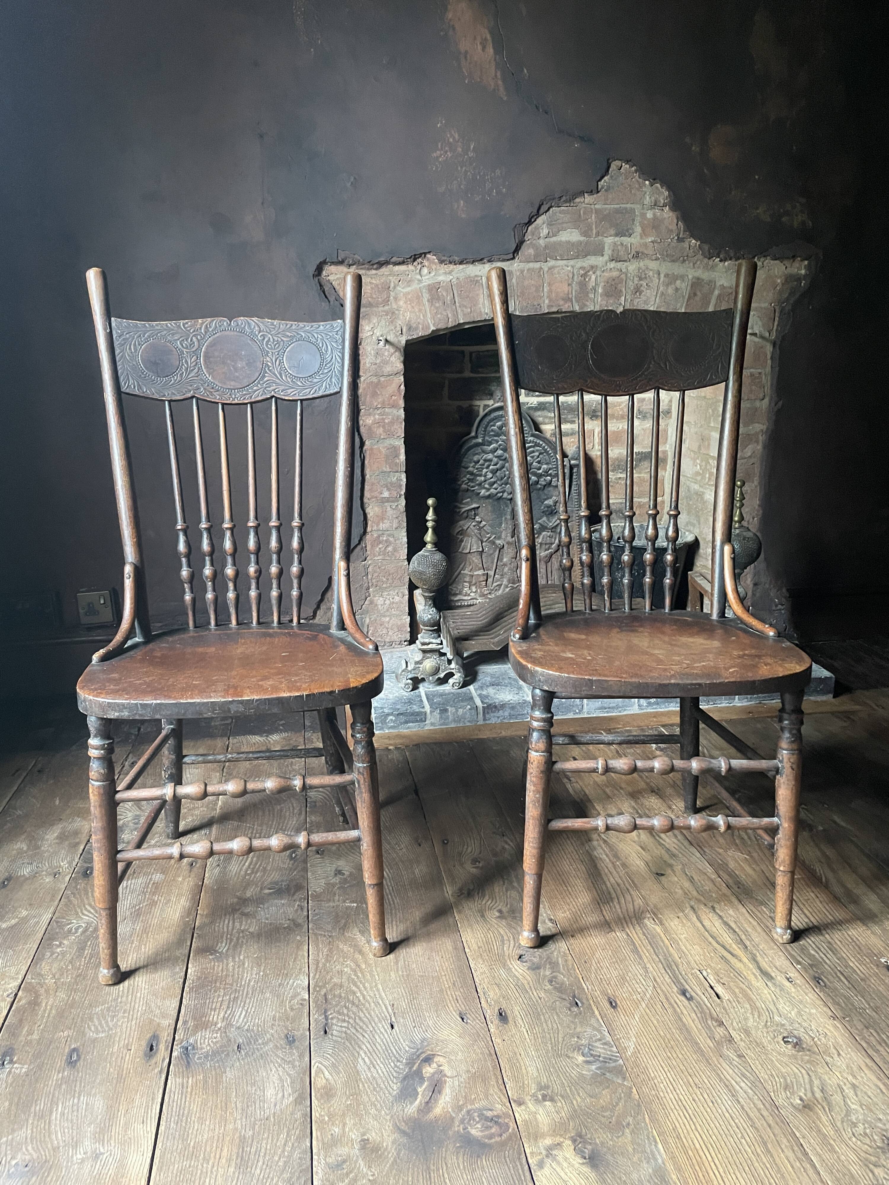 Pair of Antique Country Chairs with Carved Crest Rails | Vernacular Spindle