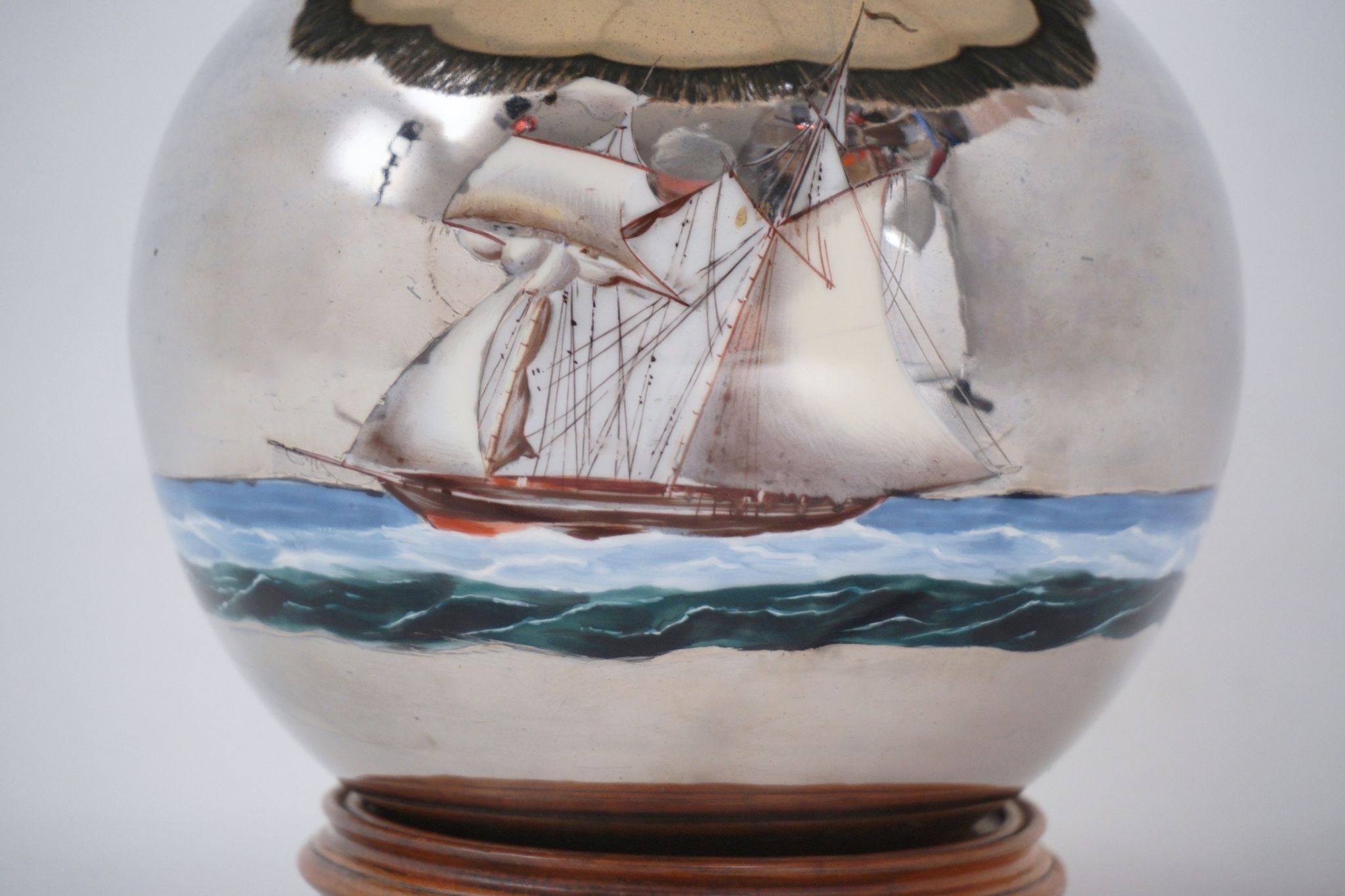 Lampe de table antique en verre mercure, galion et navire, soufflé à la main, années 1920, anglais, recâblé