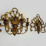 Large pair of Italian wall sconces in gilded wrought iron, 3 lights. 50
