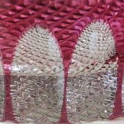 Large Val St-Lambert Ashtray/Vacuum Bin. Cranberry. Oval/Cross-hatched Patterns. Diam 15.5 cm