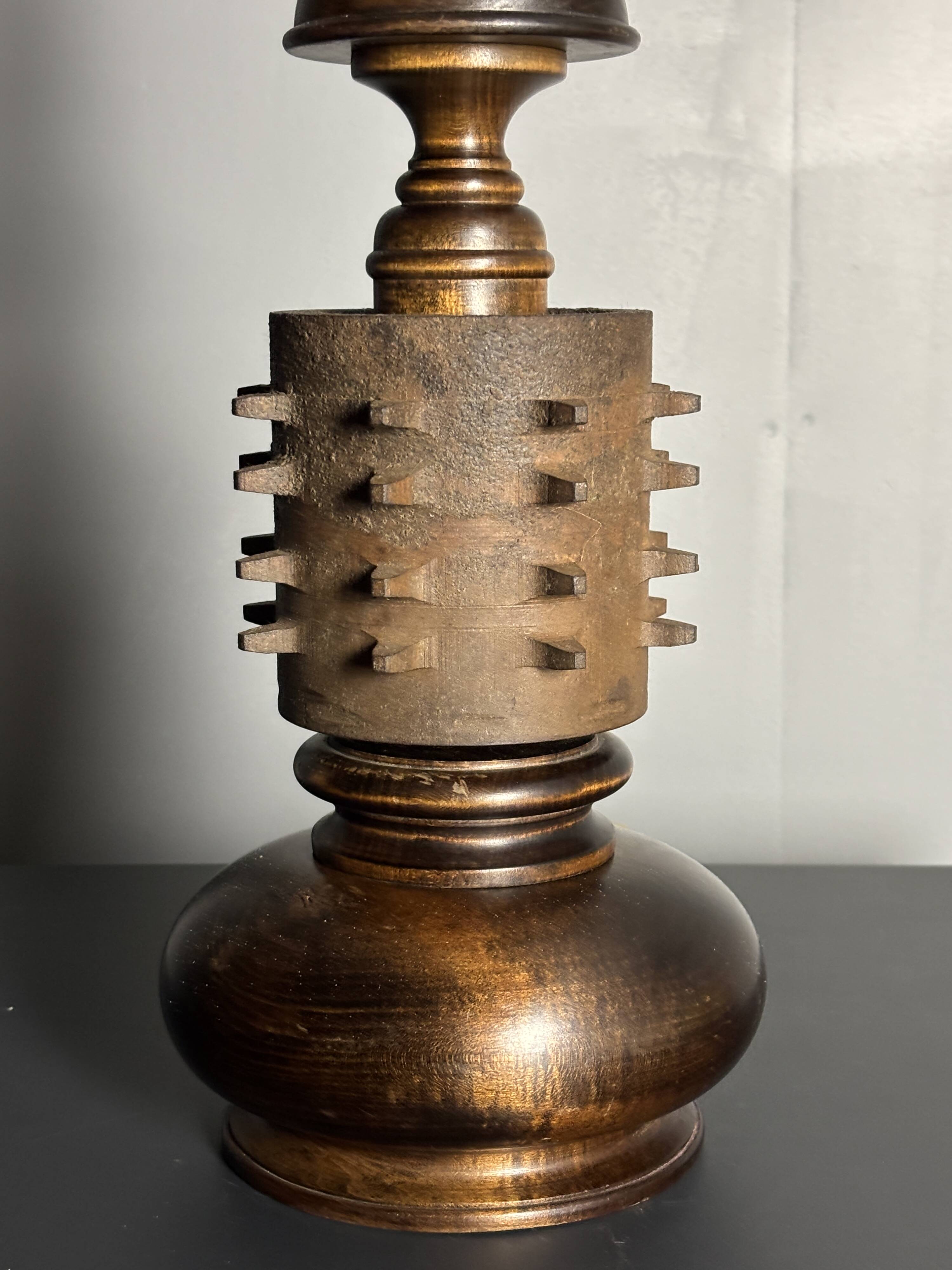 Brutalist wood turned and cast iron large table lamp, 1960s