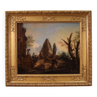 Great Capriccio Painting with Classical Ruins and Figures from the 18th Cen