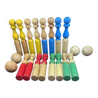 Old set of 16 wooden bowlings and 4 wooden game balls pins with grandpa 24 cm