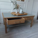 Coffee table made from a desk of the 40s, tray and green shelf