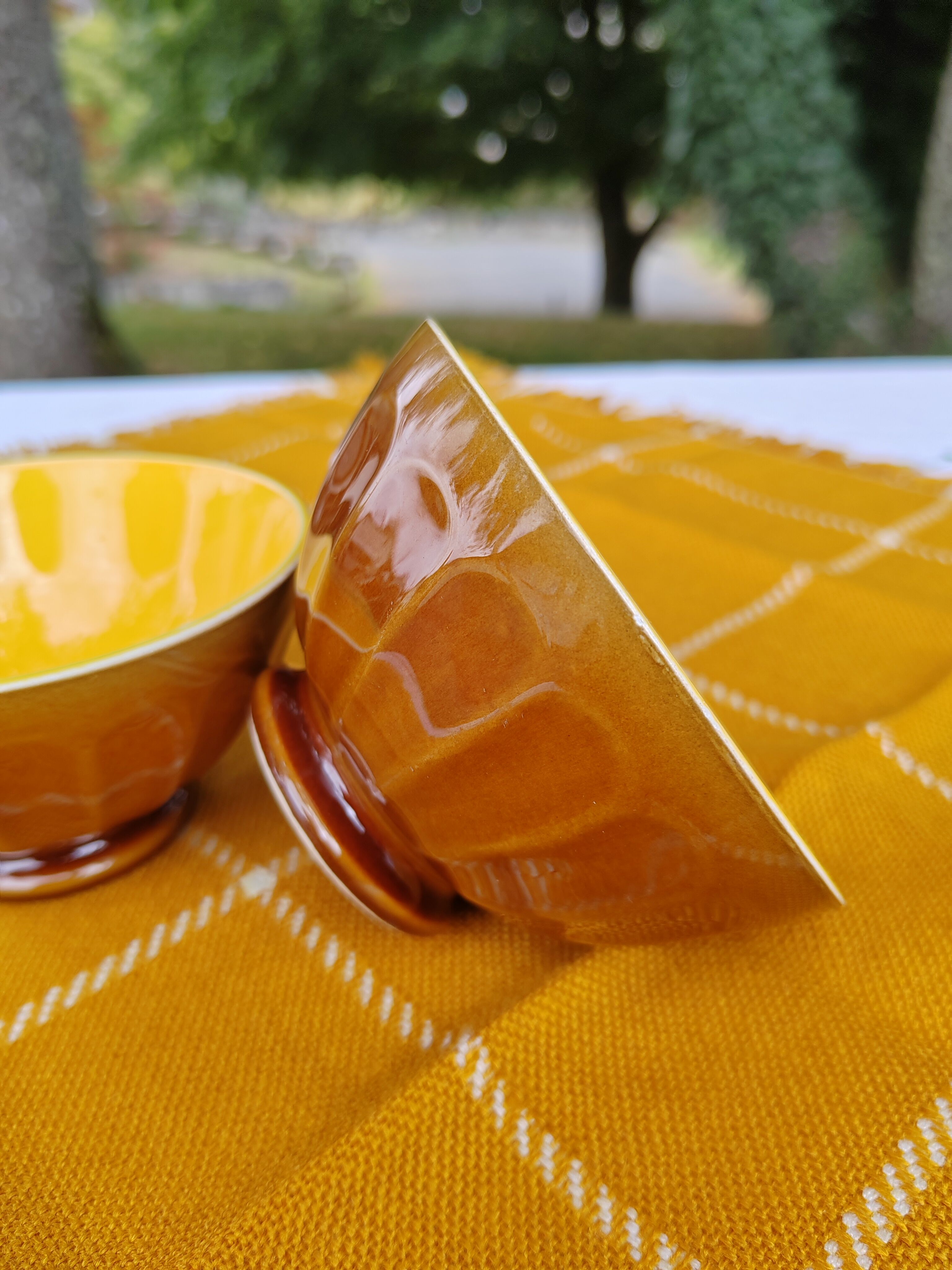 Pair of brown/yellow ribbed bowls - Digoin & Sarreguemines