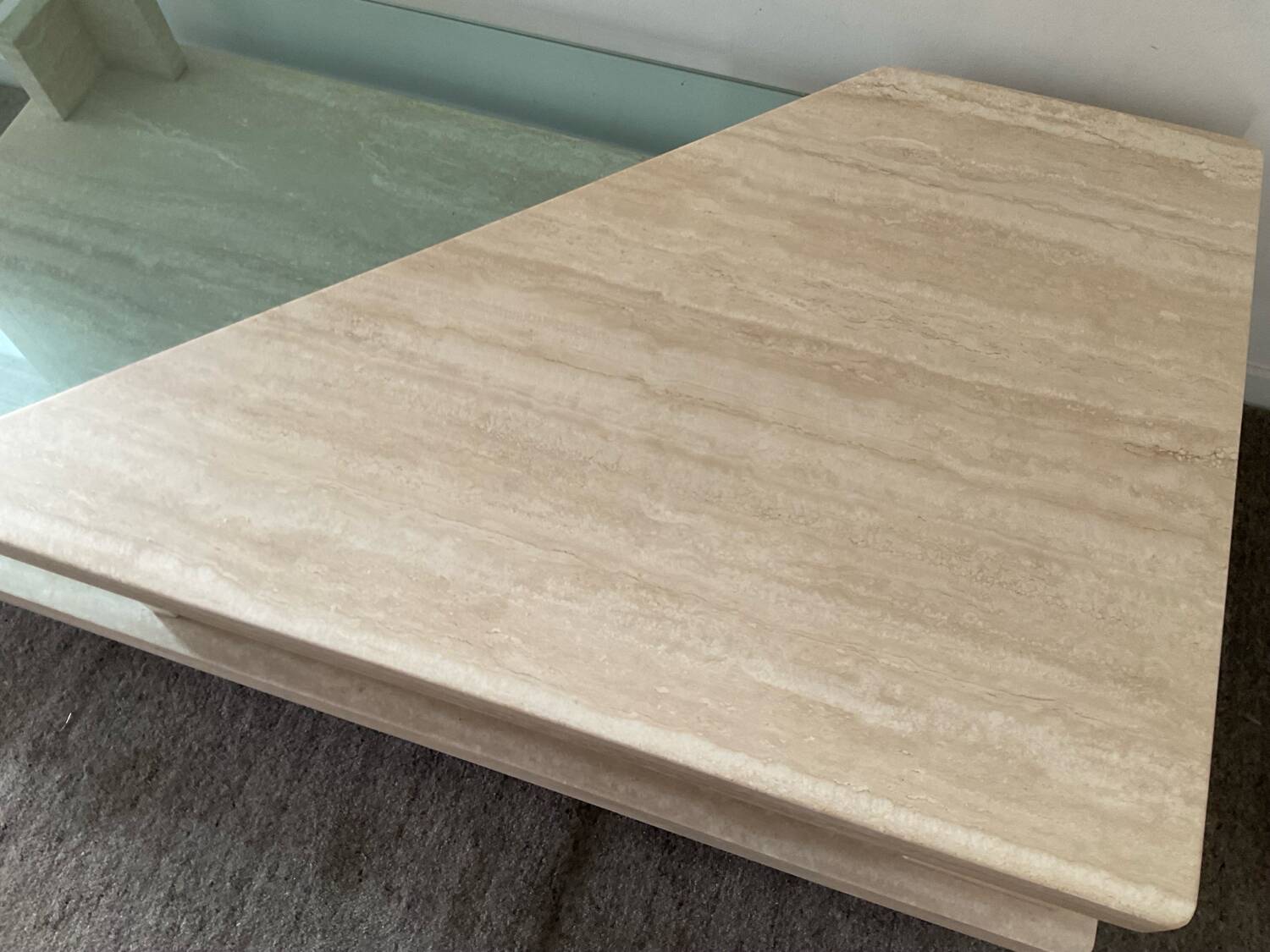 Vintage travertine and glass coffee table