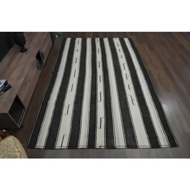 Black Beige Kilim Handmade Wool Antique Area Rug 186x291