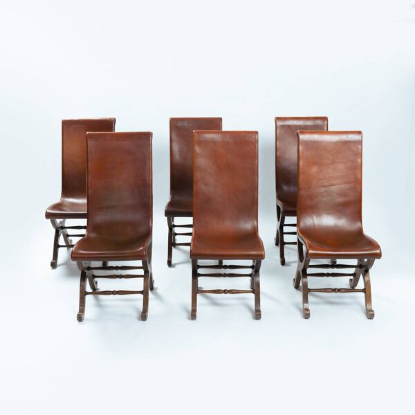 Chaises Slipper en cuir espagnol marron Pierre Lottier par Almazan, années 1950