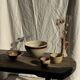 Large speckled beige salad bowl with ochre trim H14 D25