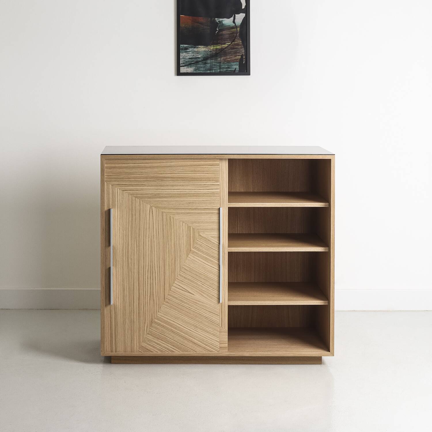 Custom-made oak bar buffet with a smoked glass top