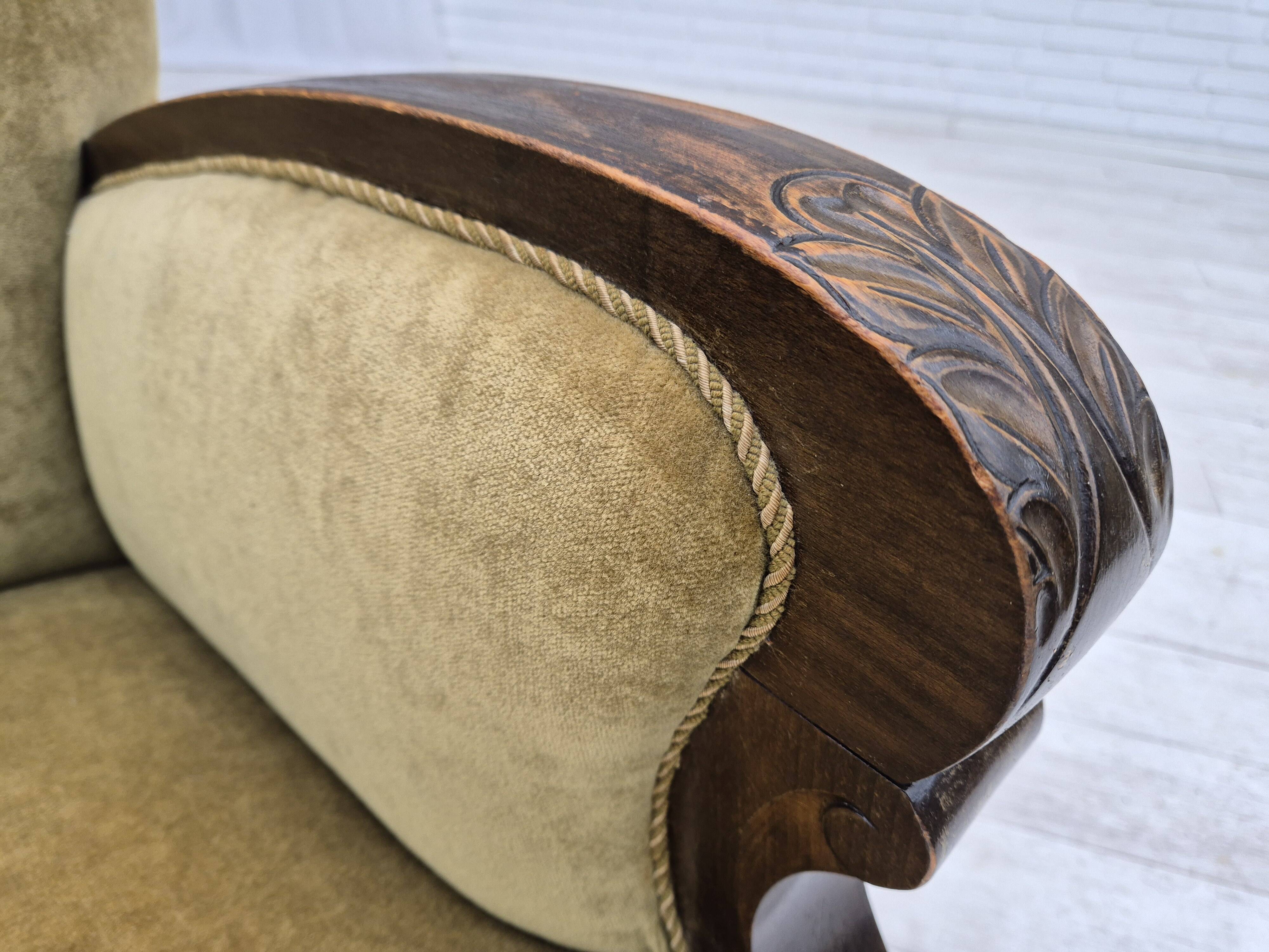 1950s, Danish relax armchair, green furniture velour, beech wood.