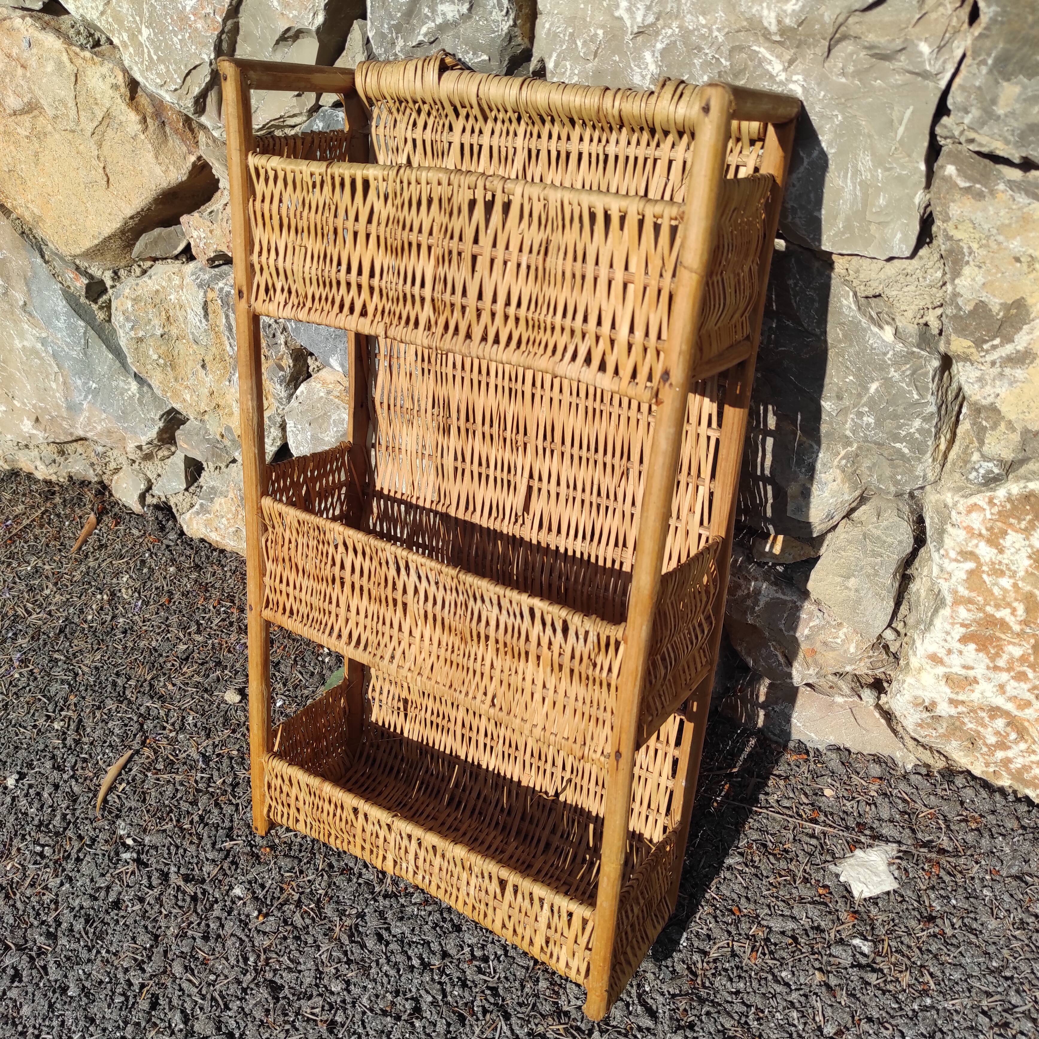Rattan shelf 46 cm high with 3 floors vintage