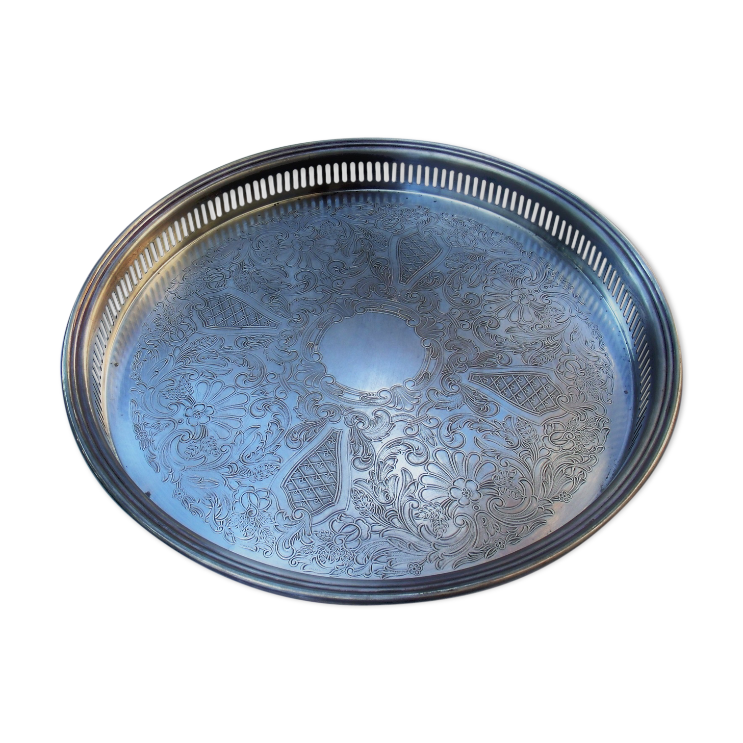 Silver metal serving tray brand flagship openwork border