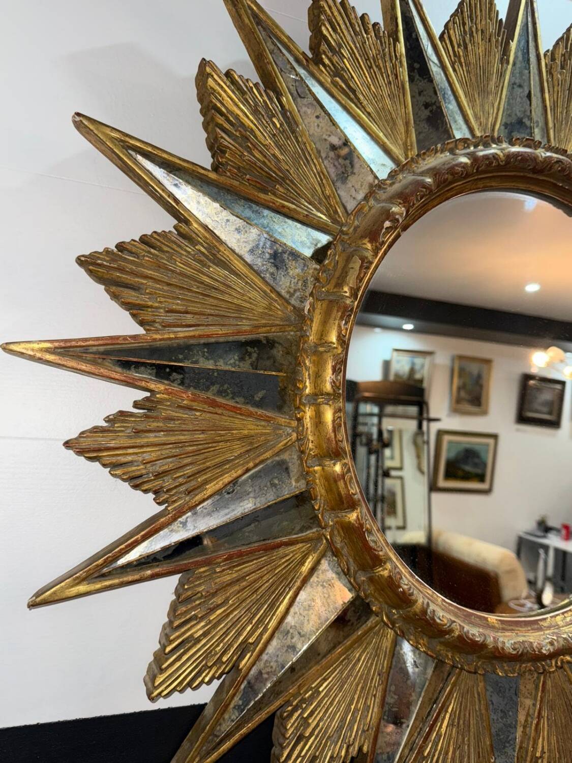 Miroir soleil doré a rayons en bois - années 50