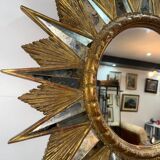 Miroir soleil doré a rayons en bois - années 50
