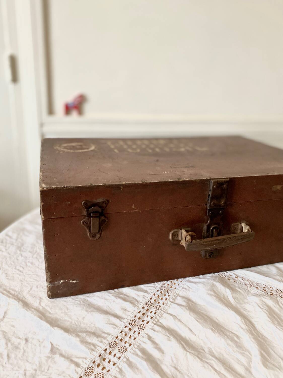 Large wooden trunk suitcase with Tunisia inscription