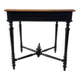 Antique solid wood table, raw top and turned legs.