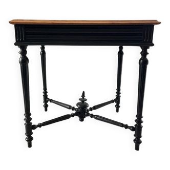 Antique solid wood table, raw top and turned legs.