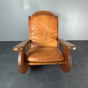 Brutalist pine rocking lounge chair with leather seat by Wasa 1984