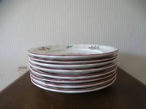 Kg luneville "réverbère" 8 dessert plates earthenware hand-painted flowers ø20.5cm