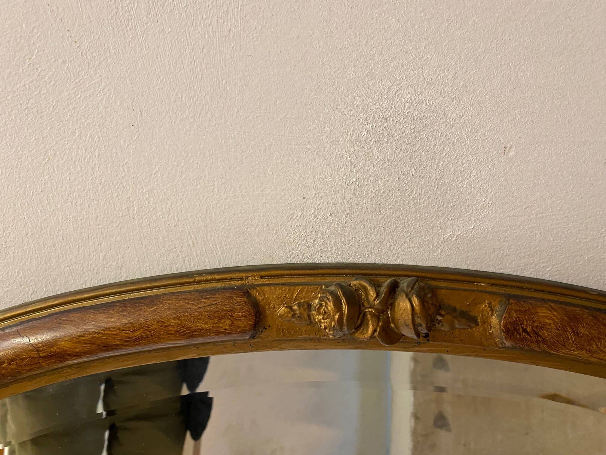 OVAL ART NOUVEAU MIRROR WITH ROSE DECOR AND PAINTED WOOD BEVELED GLASS