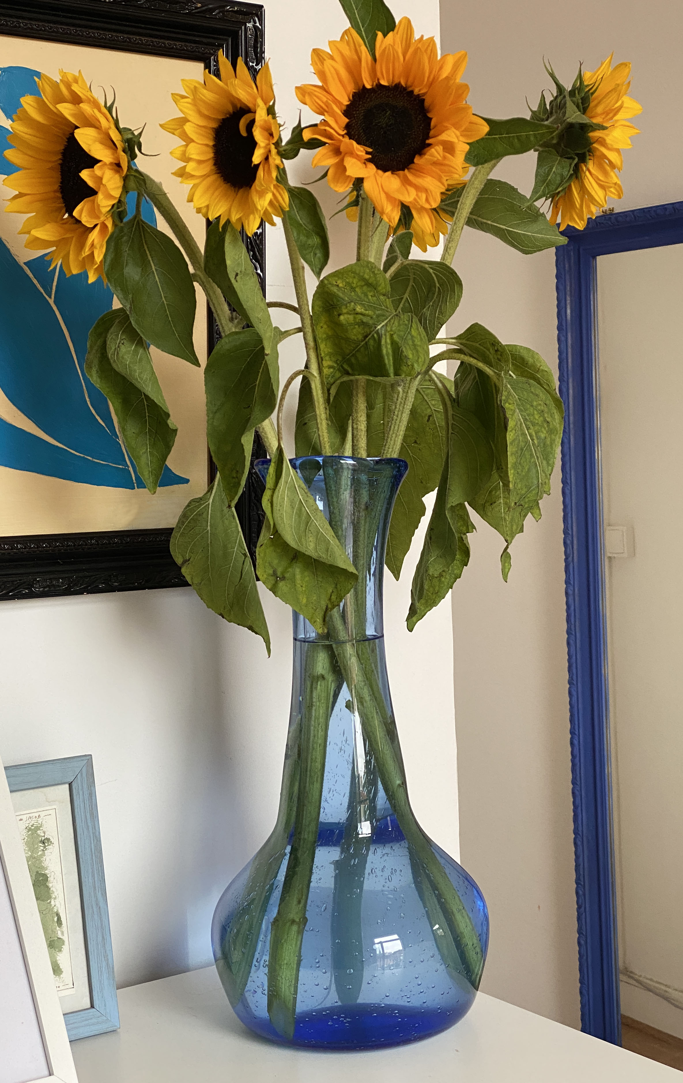 Large blue blown glass vase