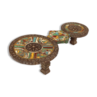 Table basse chevet gujarat vieux teck patine d'origine et metal inde