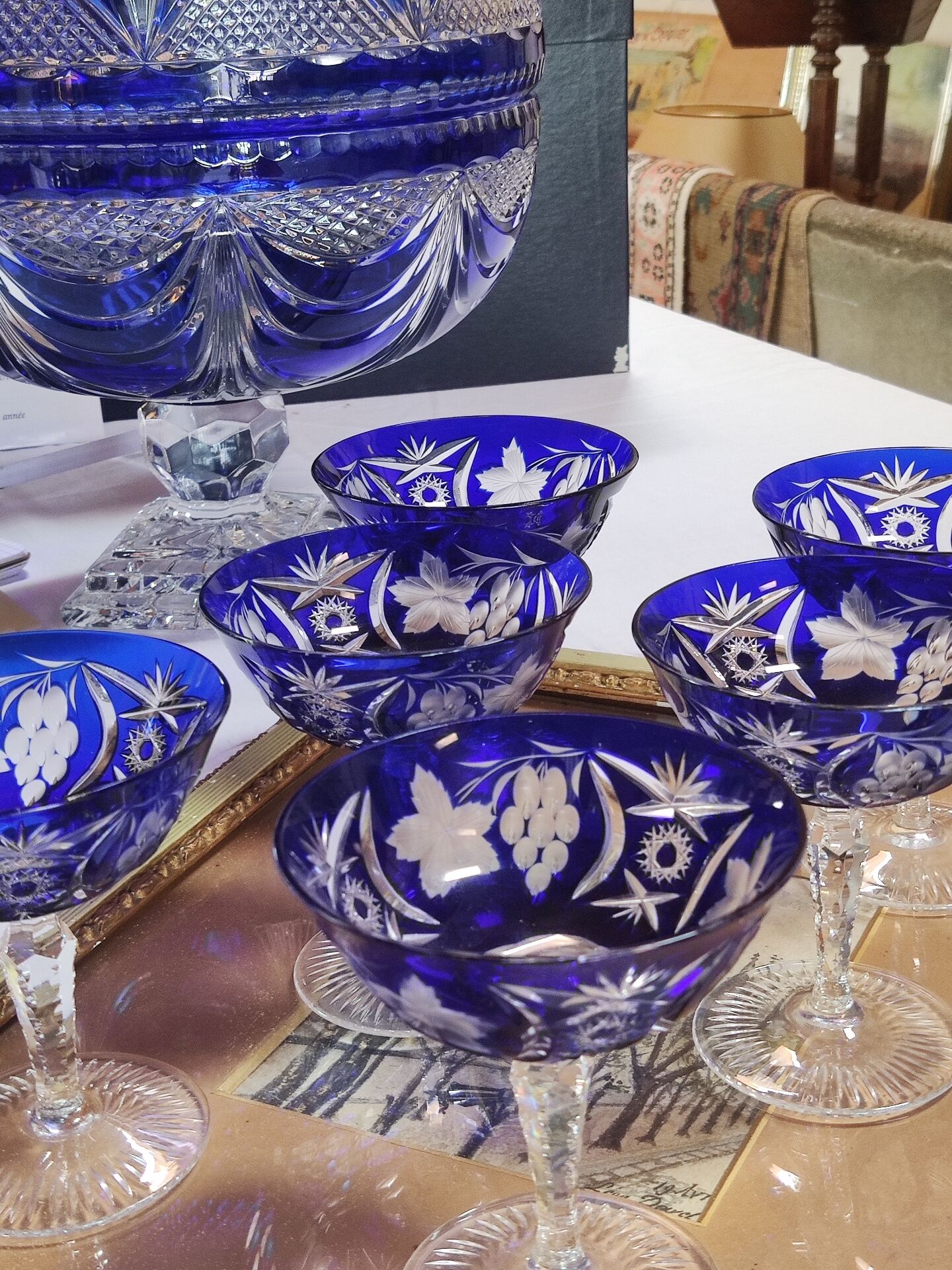 6 cut crystal cobalt blue champagne glasses