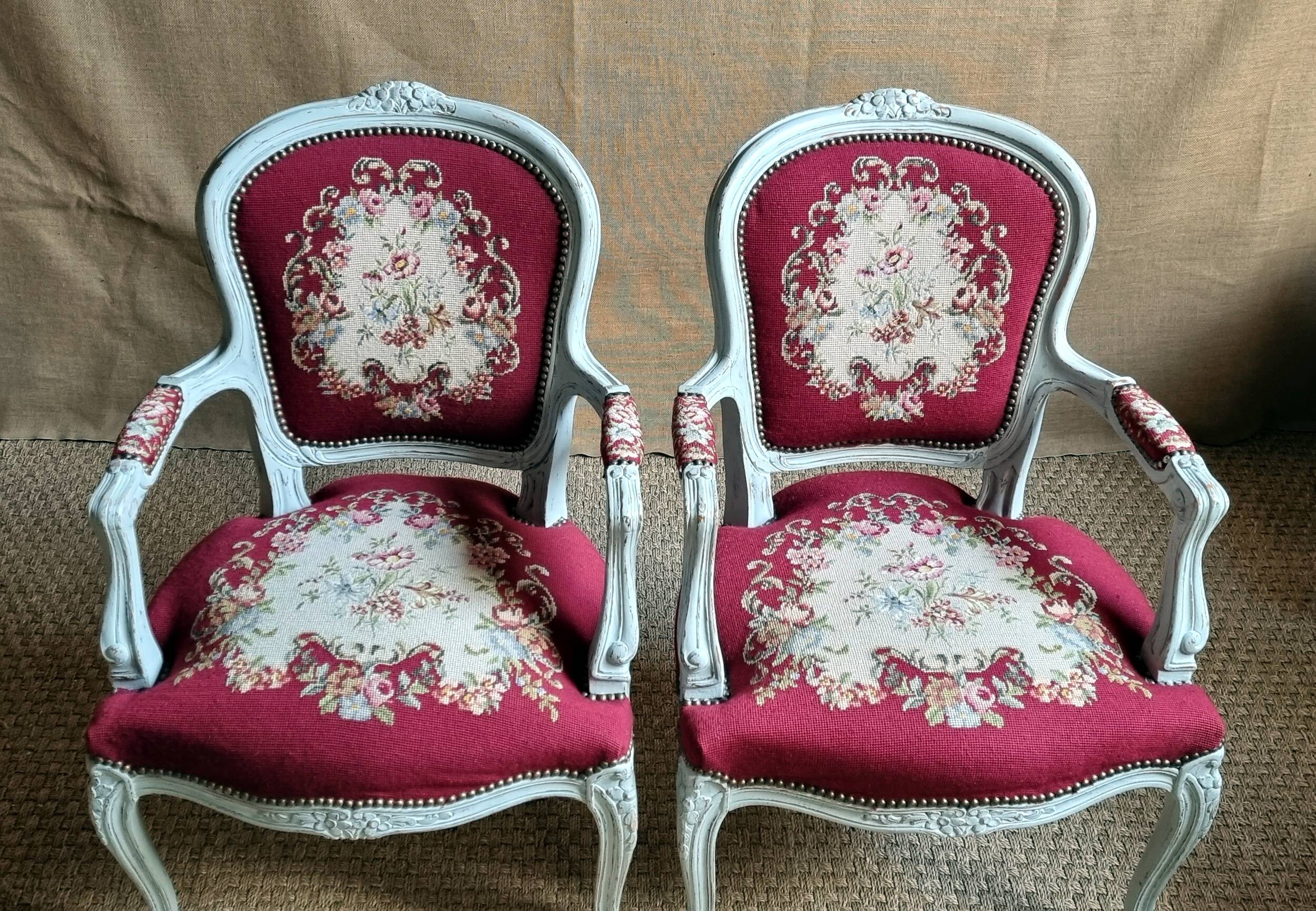 Pair of Louis XV cabriolet upholstered armchairs